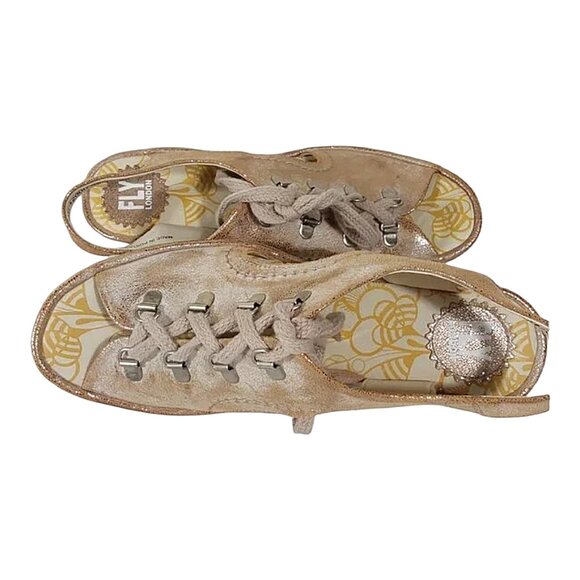 Fly London Yifa Leather Lace-up Wedge Sandals Metallic Taupe Good Cond - 39 - Picture 7 of 10